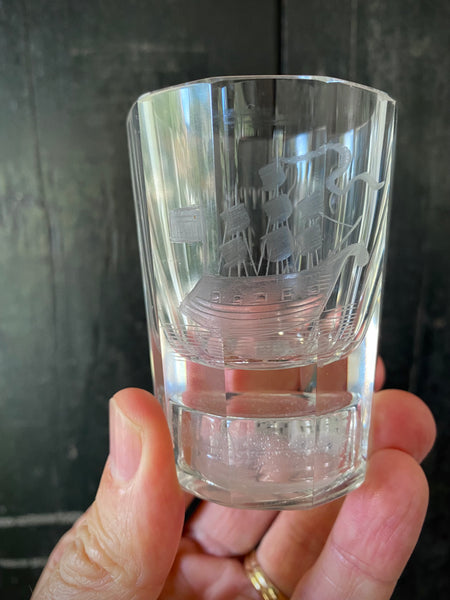 Antique 19th Century Gaming Gambling Glass Engraved With ‘Success To The Renown’ & An Image Of A Schooner Ship
