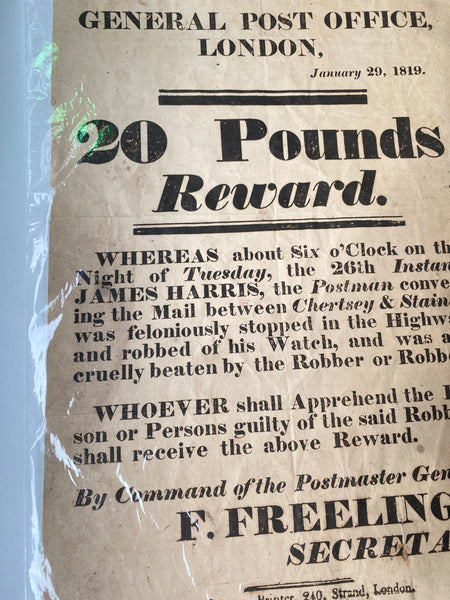 Rare Antique 19th Century Highway Robbery Reward Poster Postman Robbed & Cruelly Beaten
