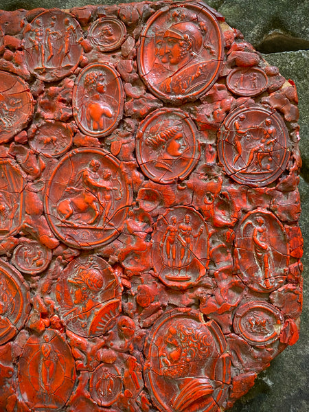 Rare Antique Early 19th Century Gem Collector’s Box Lid, Covered With Red Wax Impressions Depicting Classical Figures & Scenes