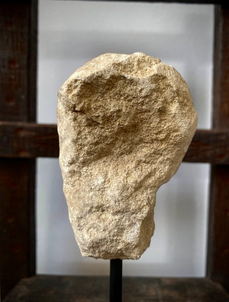 Antique Creepy Small Stone Figural Head Sculpture On Later Stand