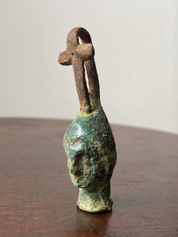 Rare Ancient Roman Bronze Head Of A Religious Figure With An Iron Loop In The Form Of A Cross c.200 AD
