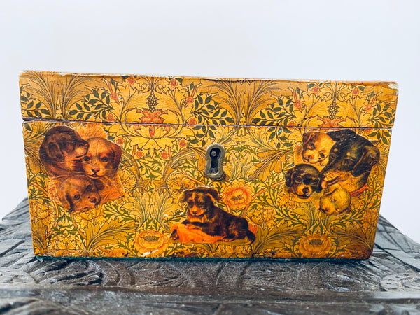 Antique Victorian Decoupage Box With Charming Pet Dog Theme