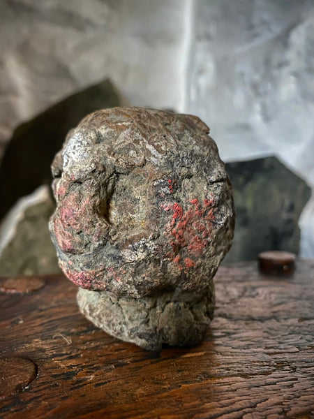 Disturbing Rare Antique 18th Century Early Composition Folk Art Witches Doll Head On Later Made Stand