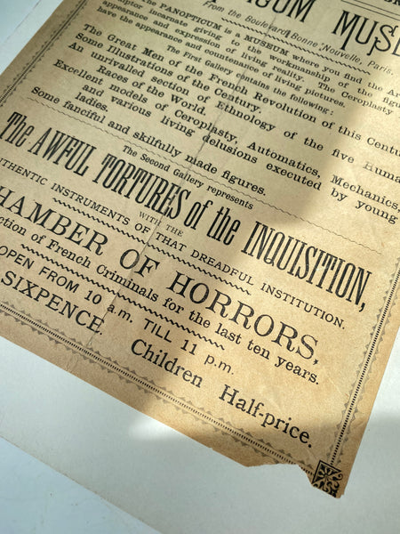 Rare Antique 19th Century Victorian Advertisement For The Great Panopticum Museum Of Curiosities & The Macabre