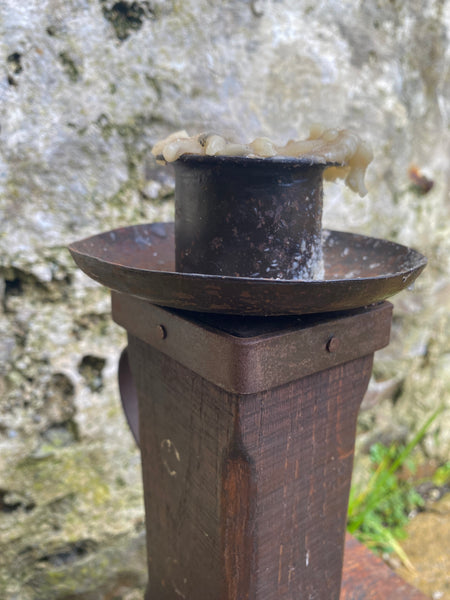 Unusual Antique French 19th Century Rustic Oak & Wrought Iron Candle Holder
