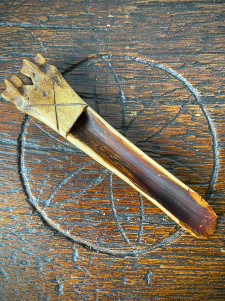 Antique 18th Century Initialled Folk Art Bone Apple Corer With Protective Markings