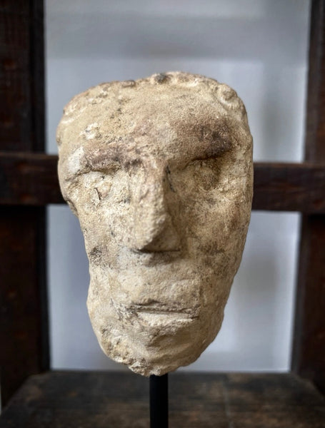 Antique Creepy Small Stone Figural Head Sculpture On Later Stand