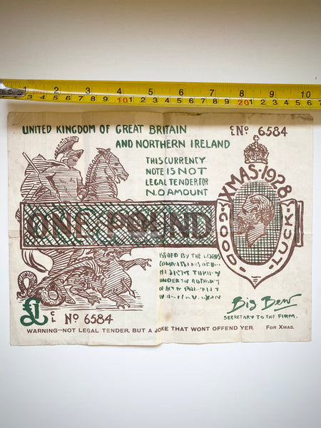 Antique 1928 UK Novelty £1 Christmas Note Humorous Oversized Ephemera