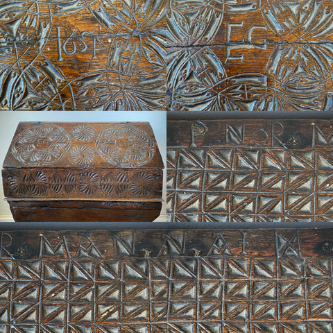 Antique 17th Century Oak Bible Box Dated 1654, Initialled, Heavily Carved, Cryptic Text & Symbols, Faint Protection Mark To One Side