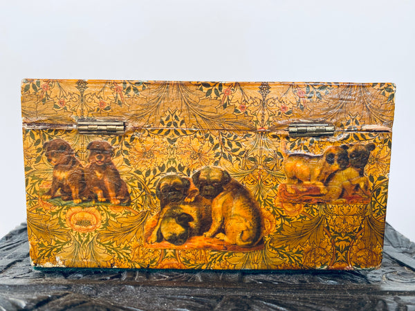 Antique Victorian Decoupage Box With Charming Pet Dog Theme