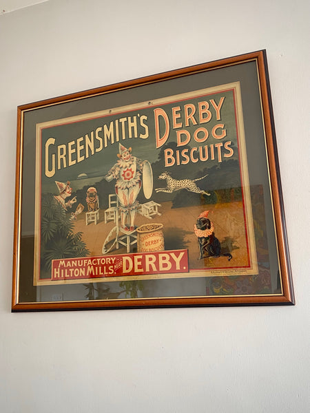 Framed Antique Victorian Greensmith’s Derby Dog Biscuits Advertising Card