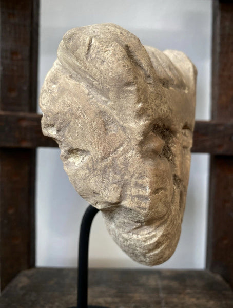 Unusual Creepy Stone Figural Head Sculpture Of The Devil On A Stand