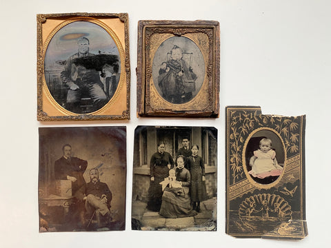 Curious Collection Of 5 Antique Victorian Tintype Photograph Portraits