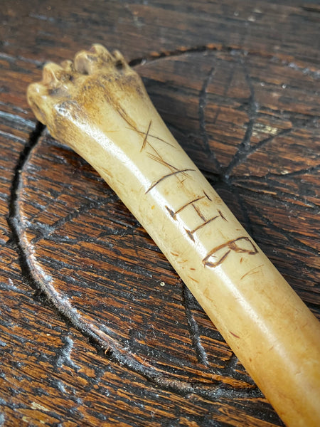 Antique 18th Century Initialled Folk Art Bone Apple Corer With Protective Markings