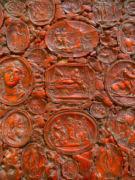 Rare Antique Early 19th Century Gem Collector’s Box Lid, Covered With Red Wax Impressions Depicting Classical Figures & Scenes