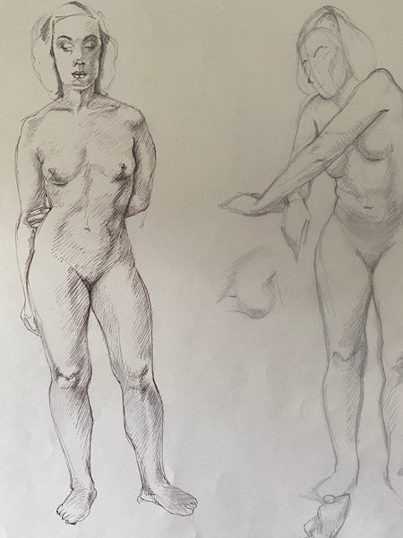 Vintage Double Sided Pen & Pencil Life Drawings Portraits Of A Sitting Nude Lady