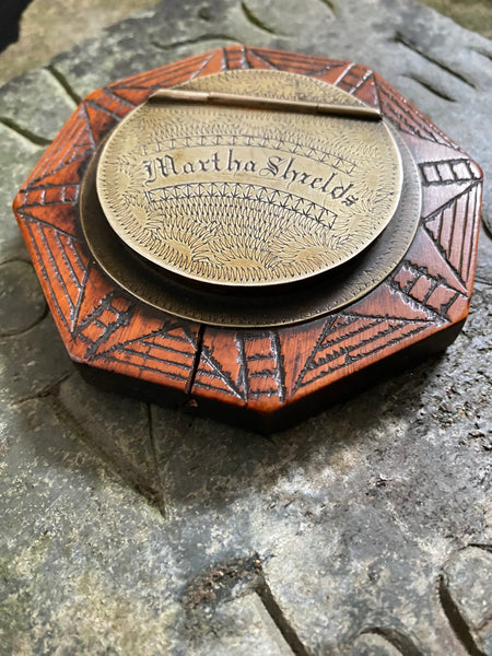 Exceptional Antique Early 19th Century Treen & Brass Folk Art Snuff Box Named ‘Martha Shields’