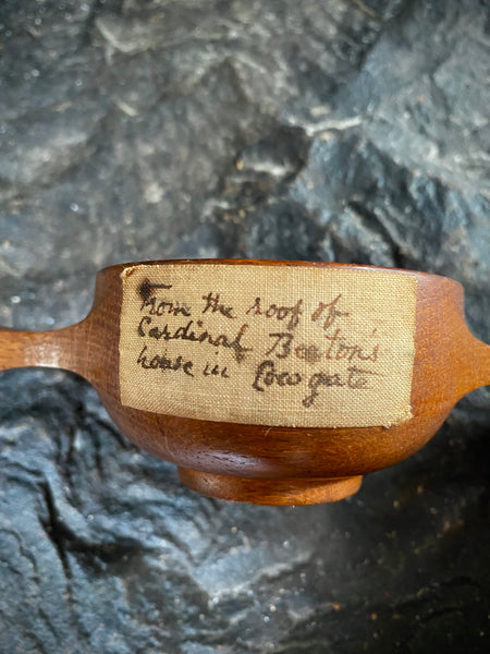 Curious 19th C. Treen Quaich & Period Label Stating From Roof Of Cardinal Beaton’s House, Cowgate, Edinburgh