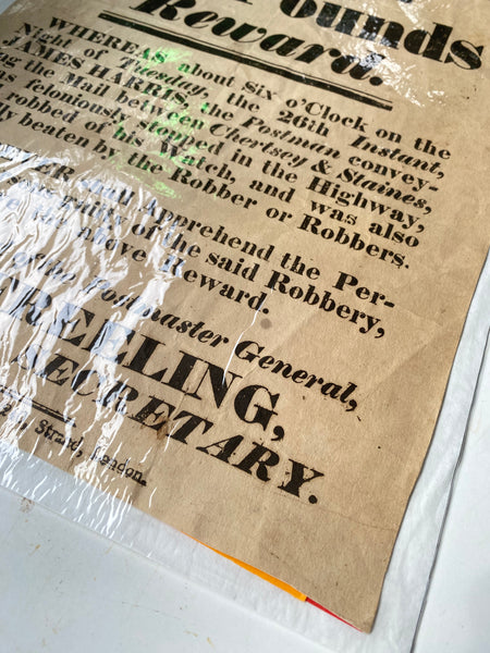 Rare Antique 19th Century Highway Robbery Reward Poster Postman Robbed & Cruelly Beaten
