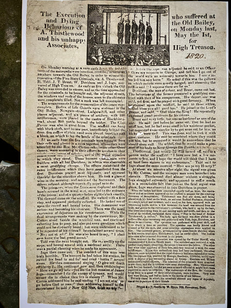 Rare Antique 19th Century Execution Broadside For The Execution Of Arthur Thistlewood and the Cato Street conspirators 1820