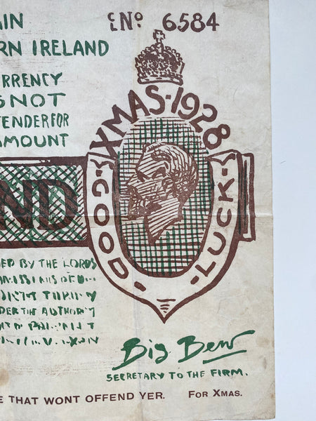 Antique 1928 UK Novelty £1 Christmas Note Humorous Oversized Ephemera