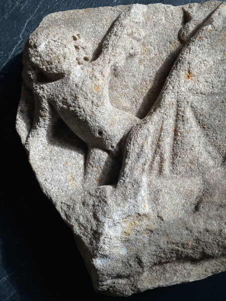 Late Medieval Architectural Ecclesiastical Carved Stone Fragment Depicting Cherub/Angel Standing Over Fallen Figure, Possibly Lucifer - Source Vintage