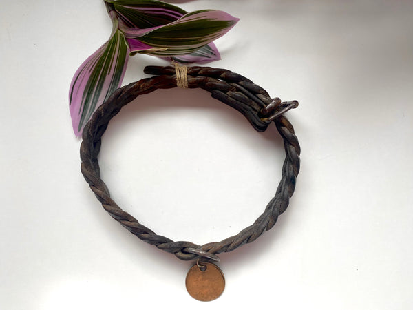 Antique Early 19th Century Braided Leather Dog Collar With Named Tag ‘Laddie’ - Source Vintage