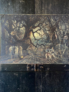 Mysterious Antique Watercolour Painting Depicting Witches In A Forest, Circa Late 19th To Early 20th Century