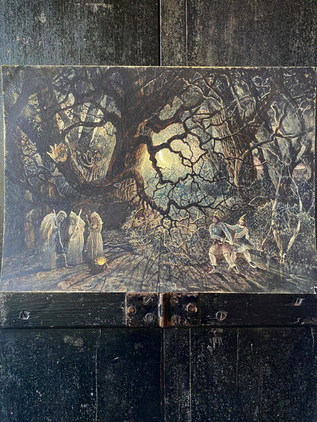 Mysterious Antique Watercolour Painting Depicting Witches In A Forest, Circa Late 19th To Early 20th Century