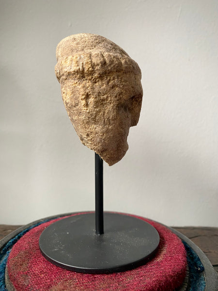 A Curious Antique Carved Stone Monk’s Head On Modern Stand Housed Within A 19th Century Glass Display Dome