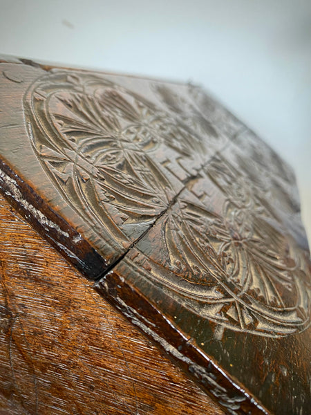 Antique 17th Century Oak Bible Box Dated 1654, Initialled, Heavily Carved, Cryptic Text & Symbols, Faint Protection Mark To One Side