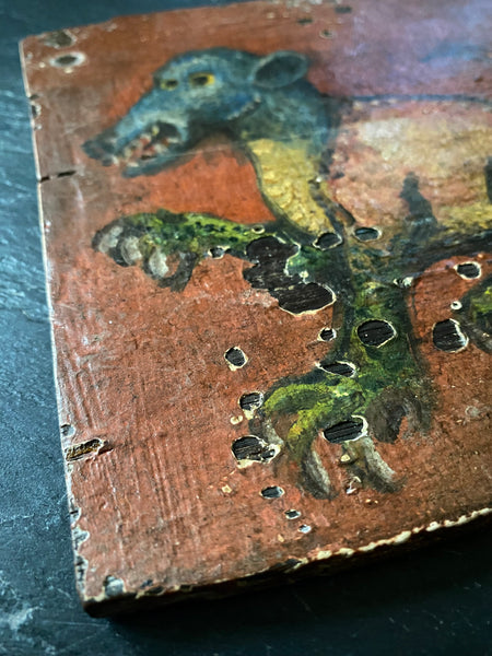 Curious Antique 18th - Early 19th Century Folk Art Painting On Board Of A Medieval Beast