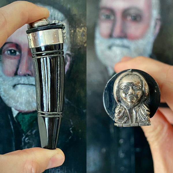 Rare Antique 19th Century Carved Horn & Sterling Silver Snuff Mull With Mysterious Allegorical Silver Head - Source Vintage