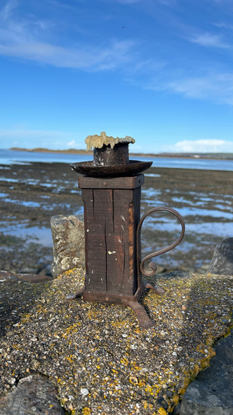 Unusual Antique French 19th Century Rustic Oak & Wrought Iron Candle Holder