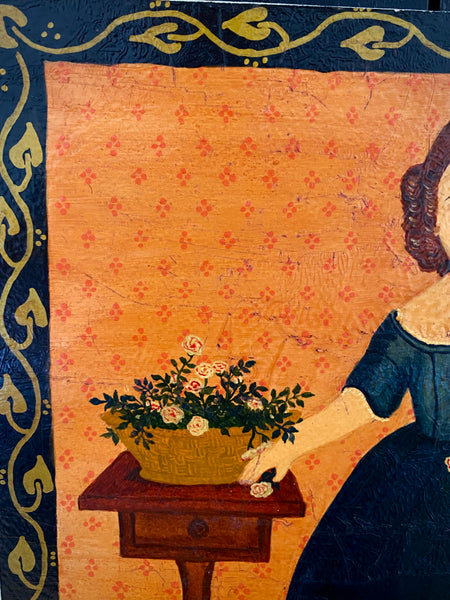 Naive Folk Art Oil Painting Girl With Flowers By Leslie Stafford (1949–2024)