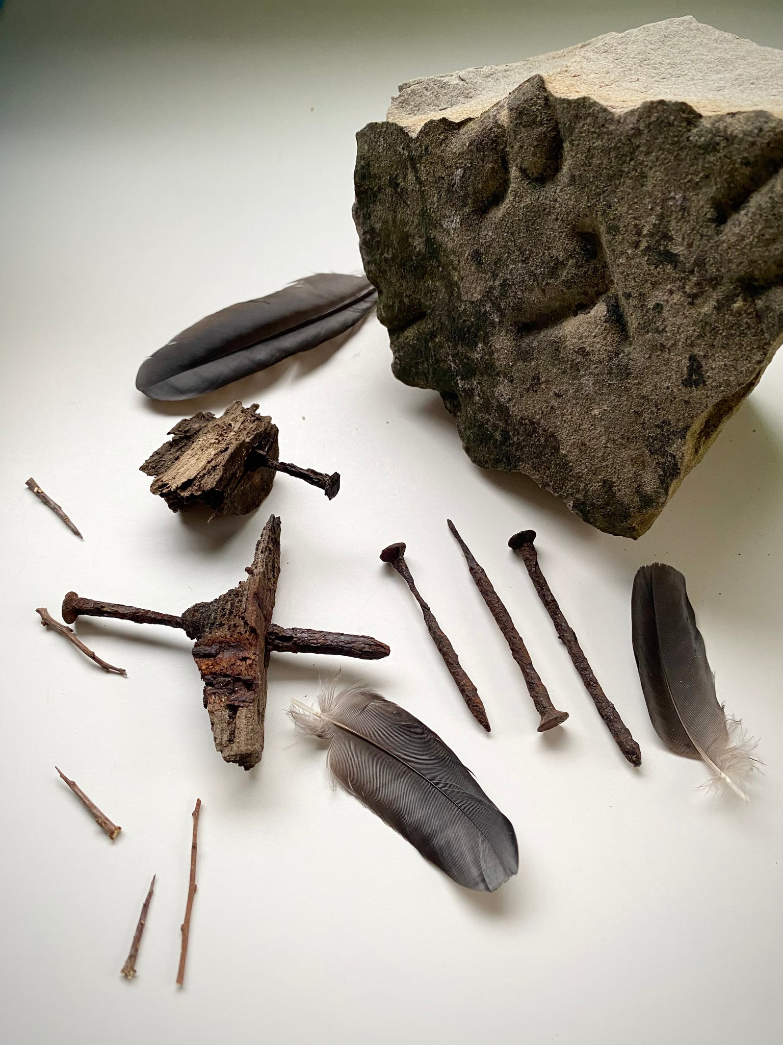 Grave Digger Collection Of An Early 19th C. Gravestone Fragment & Coffin Nails With Remnants Of Coffin Wood Of The Same Period