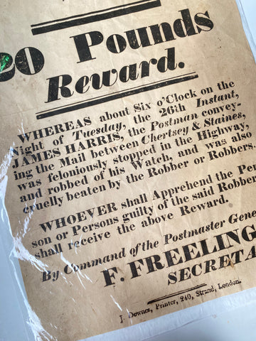 Rare Antique 19th Century Highway Robbery Reward Poster Postman Robbed & Cruelly Beaten