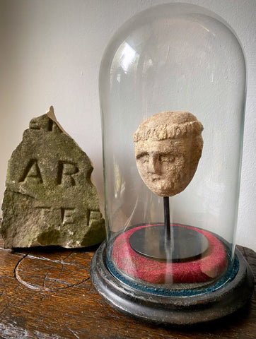 A Curious Antique Carved Stone Monk’s Head On Modern Stand Housed Within A 19th Century Glass Display Dome