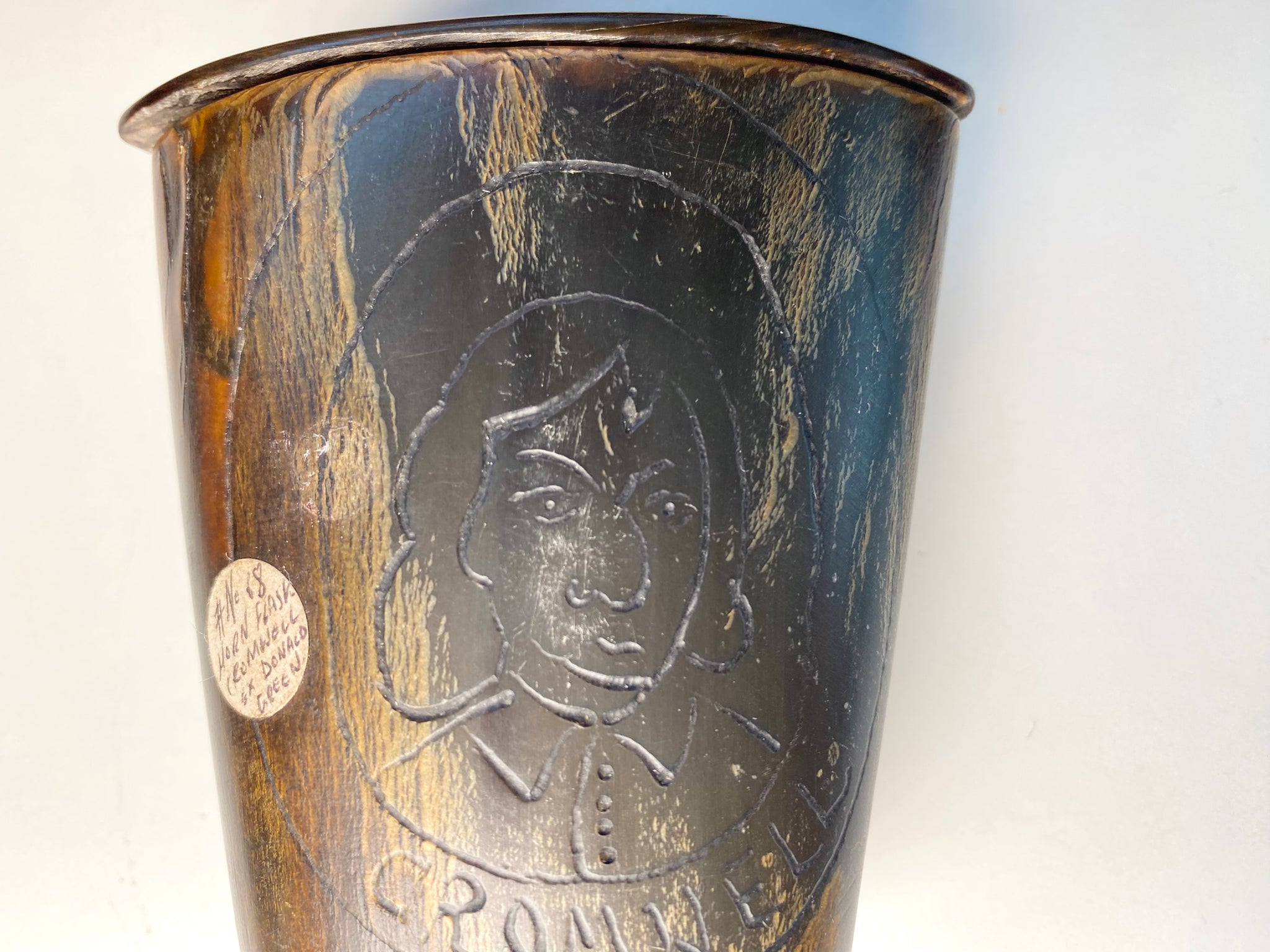An Intriguing Late 18th-19th Century Horn Snuff Mull Depicting A Folk Art Engraved Image Of Oliver Cromwell - Source Vintage