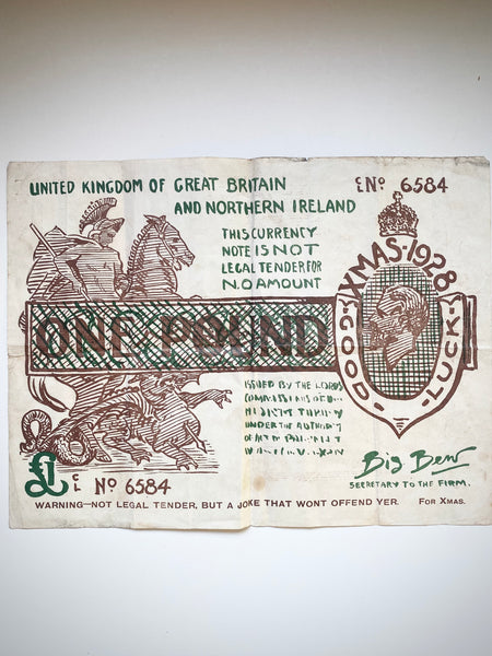 Antique 1928 UK Novelty £1 Christmas Note Humorous Oversized Ephemera