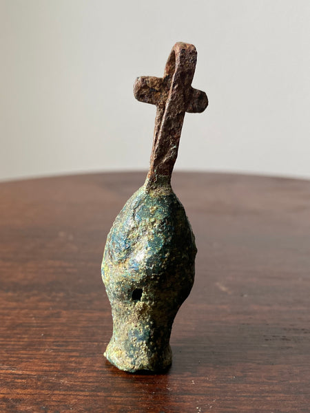 Rare Ancient Roman Bronze Head Of A Religious Figure With An Iron Loop In The Form Of A Cross c.200 AD