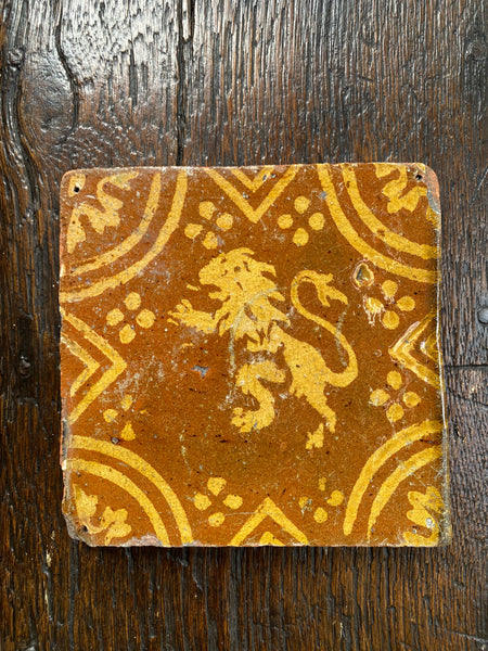 Antique Late 16th Century Glazed Rampant Lion Floor Tile Ex Alison Barker Collection