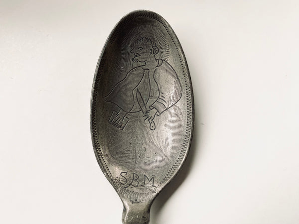 Antique 18th Century Folk Art Wrigglework Engraved Pewter Spoon - St Bartholomew