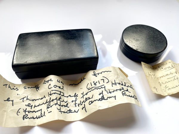 Charming Pair Of Cannel Coal Snuff Boxes With Provenance Of Maker And Date 1817 - Source Vintage