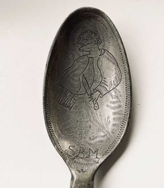 Antique 18th Century Folk Art Wrigglework Engraved Pewter Spoon - St Bartholomew