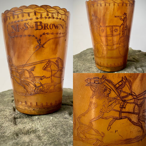 Rare Antique Early 19th Century Folk Art Engraved Horn Beaker Relating To The ‘Salisbury Lion Attack’ In 1816