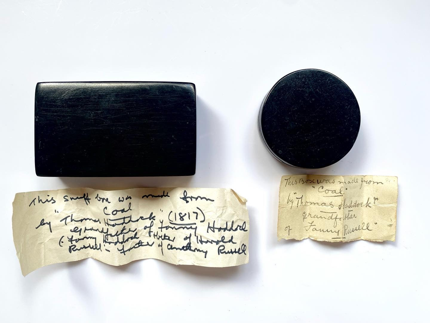 Charming Pair Of Cannel Coal Snuff Boxes With Provenance Of Maker And Date 1817 - Source Vintage