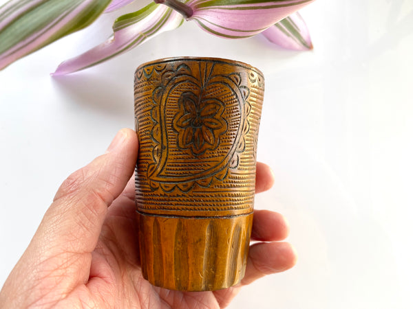 Unusual Antique Carved Treen Folk Art Love Token Beaker - Source Vintage