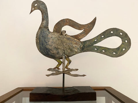 *RESERVED* Antique Folk Art Metal Bird Weathervane Mounted On Oak Base c.1900s - Source Vintage