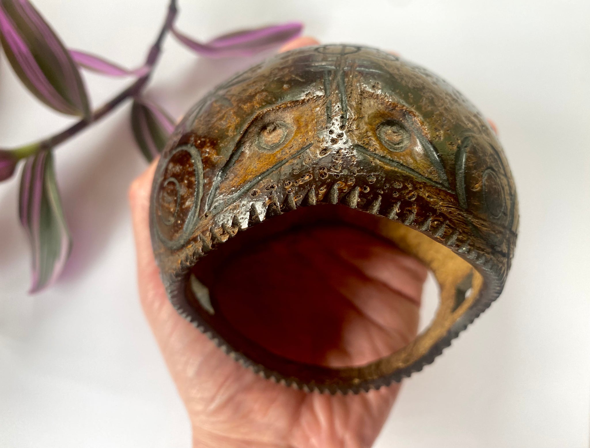 Early 20th Century Sailor Folk Art Carved Coconut Basket - Source Vintage